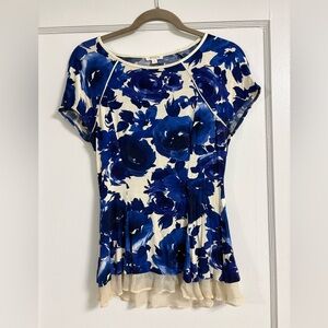 Weston rosette peplum knit top navy blue white size medium